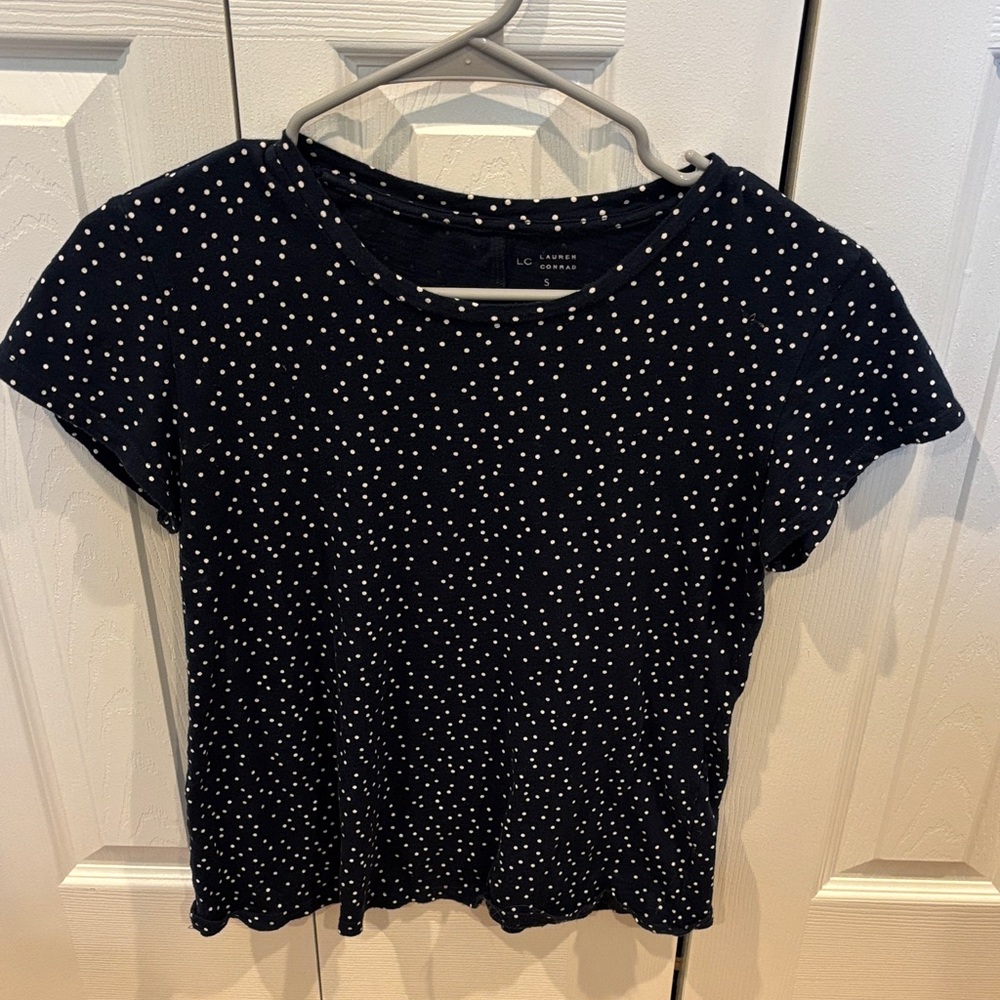 LC Lauren Conrad Navy and White Polka Dot Tee